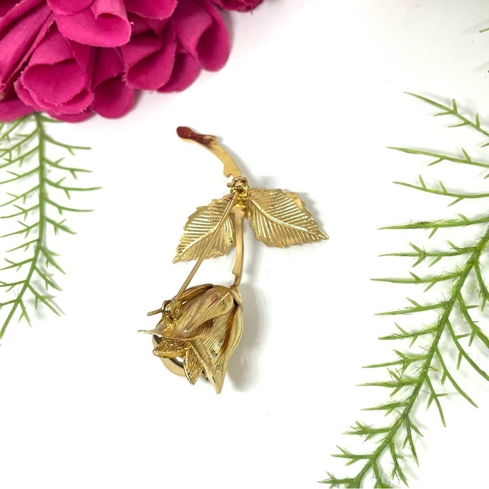 VINTAGE⚜️Blooming Stemmed Rose Golden Brooch - Picture 5 of 6
